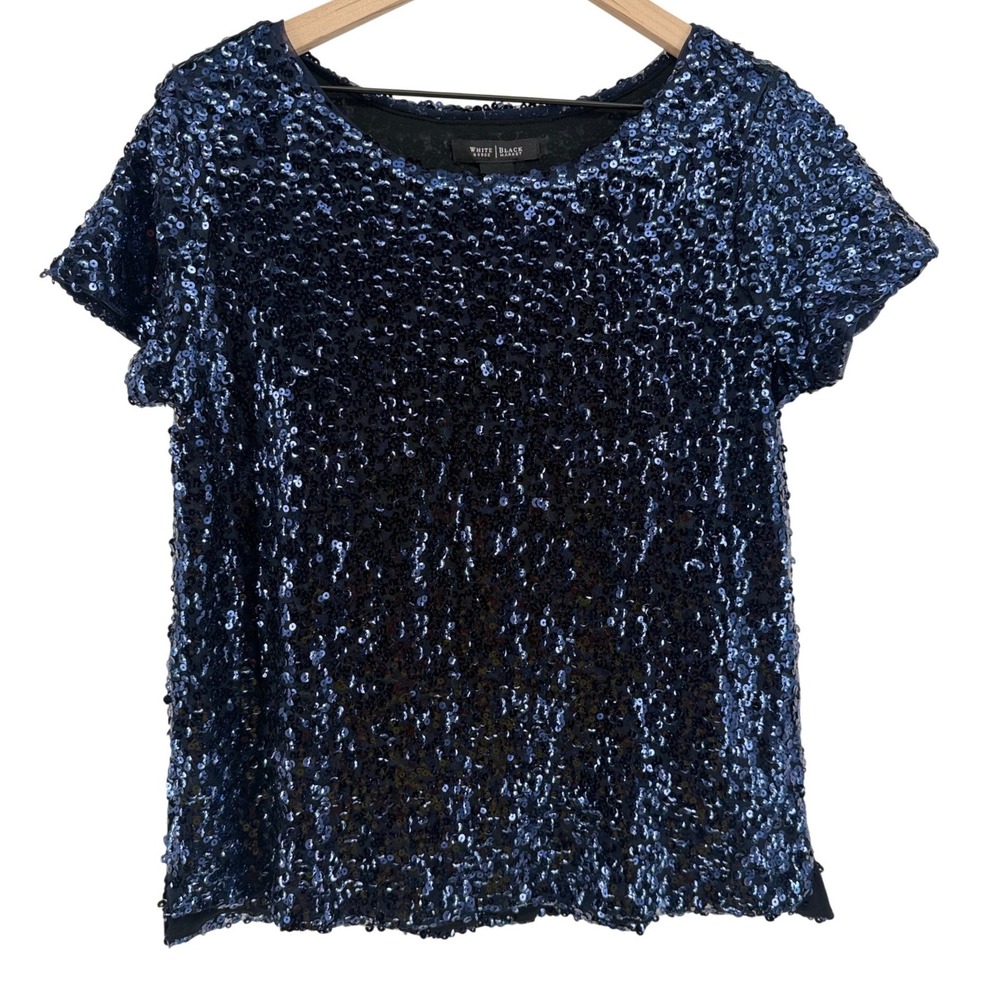 White House Black Market Glam Navy Blue Sequin Short Sleeve Blouse Top Medium - Picture 2 of 9